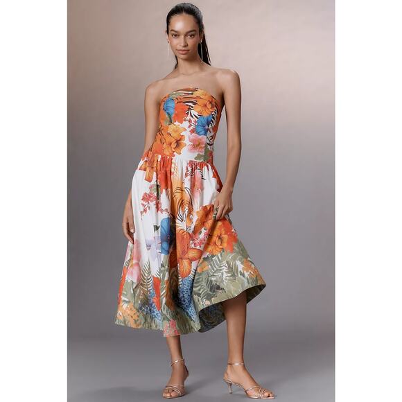 Maeve Dresses & Skirts - Anthropologie NWT Maeve Tiger Printed Strapless Midi Dress XL Tropical Resort